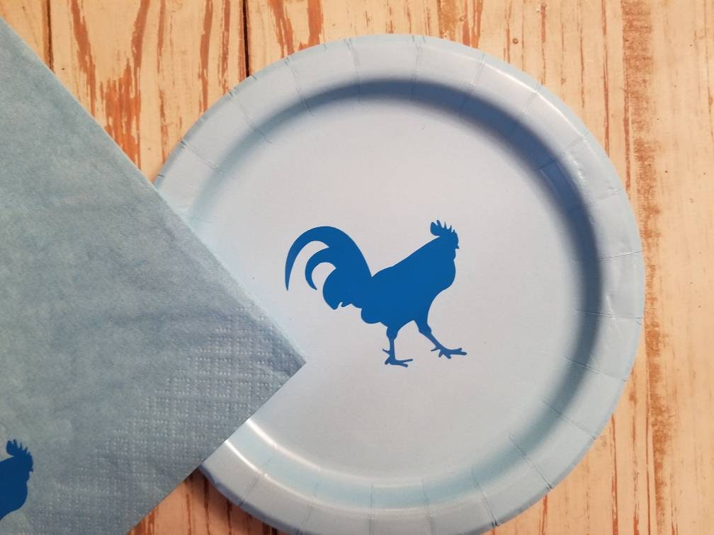 Hen or rooster gender reveal plates, cups, napkins, rooster baby shower, hen baby shower, farm