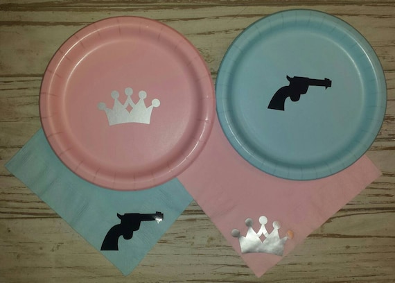 Guns or glitter gender reveal plates, cups, napkins, gender reveal party, guns or glitter baby shower, rifles or ruffles, pistols or pearls