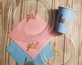 Boy or girl gender reveal plates, cups, napkins, boy or girl baby shower plates, cups and napkins, baby shower cups, gender reveal party