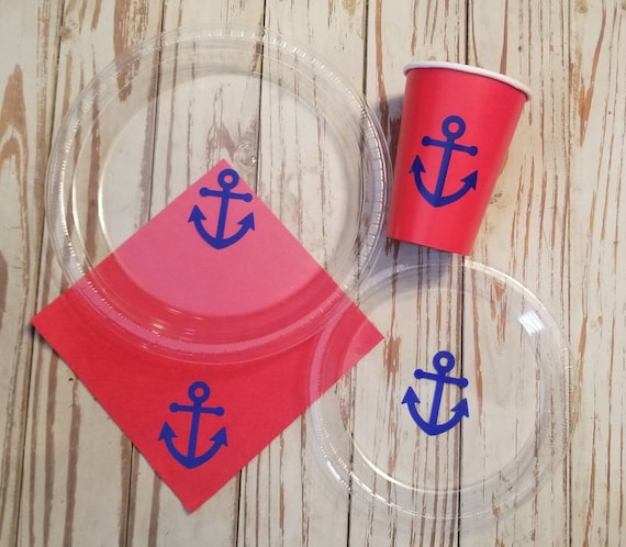 Anchor red and blue plates, cups and napkins, nautical plates, cups and napkins, nautical baby shower, anchor baby shower, sailor party