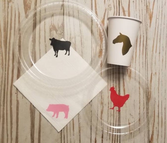 Farm party plates, cups and napkins, farm first birthday party, pig plates, chicken plates, horse party, farm baby shower, cow first  bday