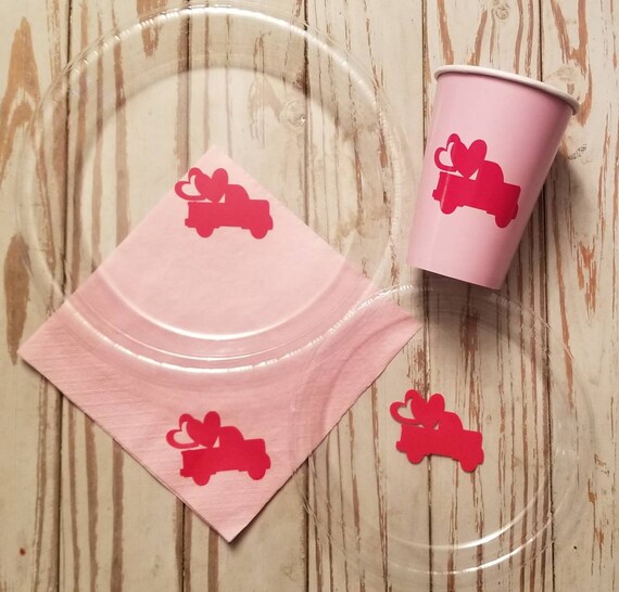 Valentine plates, cups and napkins, red truck plates, valentines party, Valentine's birthday, red truck party,