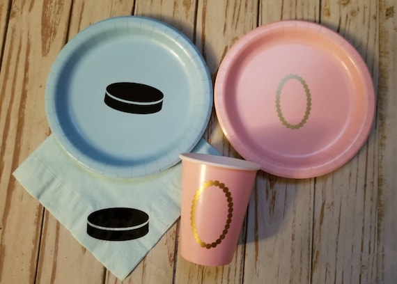 Pearls or Pucks hockey gender reveal plates, cups, napkins, hockey gender reveal, team boy, team girl, hockey party, hockey baby shower