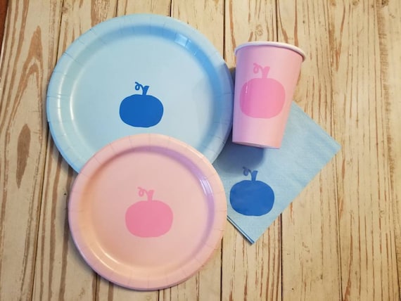 Pumpkin gender reveal plates, cups and napkins, pumpkin baby shower, harvest party, fall baby shower, pumpkin first birthday, pumpkin party