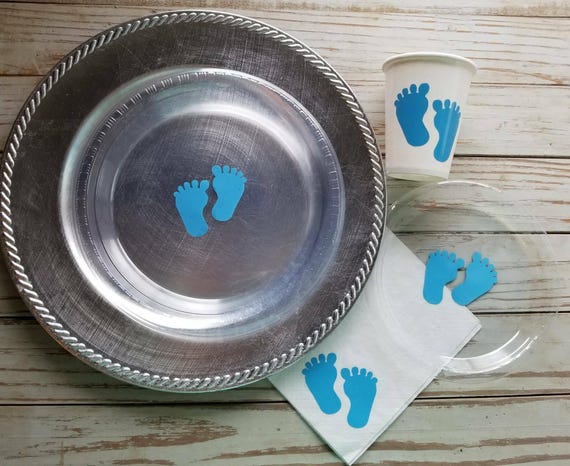 Baby feet in blue and pink plates, cups and napkins, baby shower plates, cups, baby feet gender reveal plates, cups, napkins, gender reveal