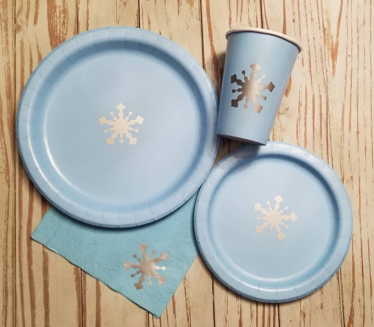 Blue and silver snowflake plates, cups and napkins, winter wonderland
