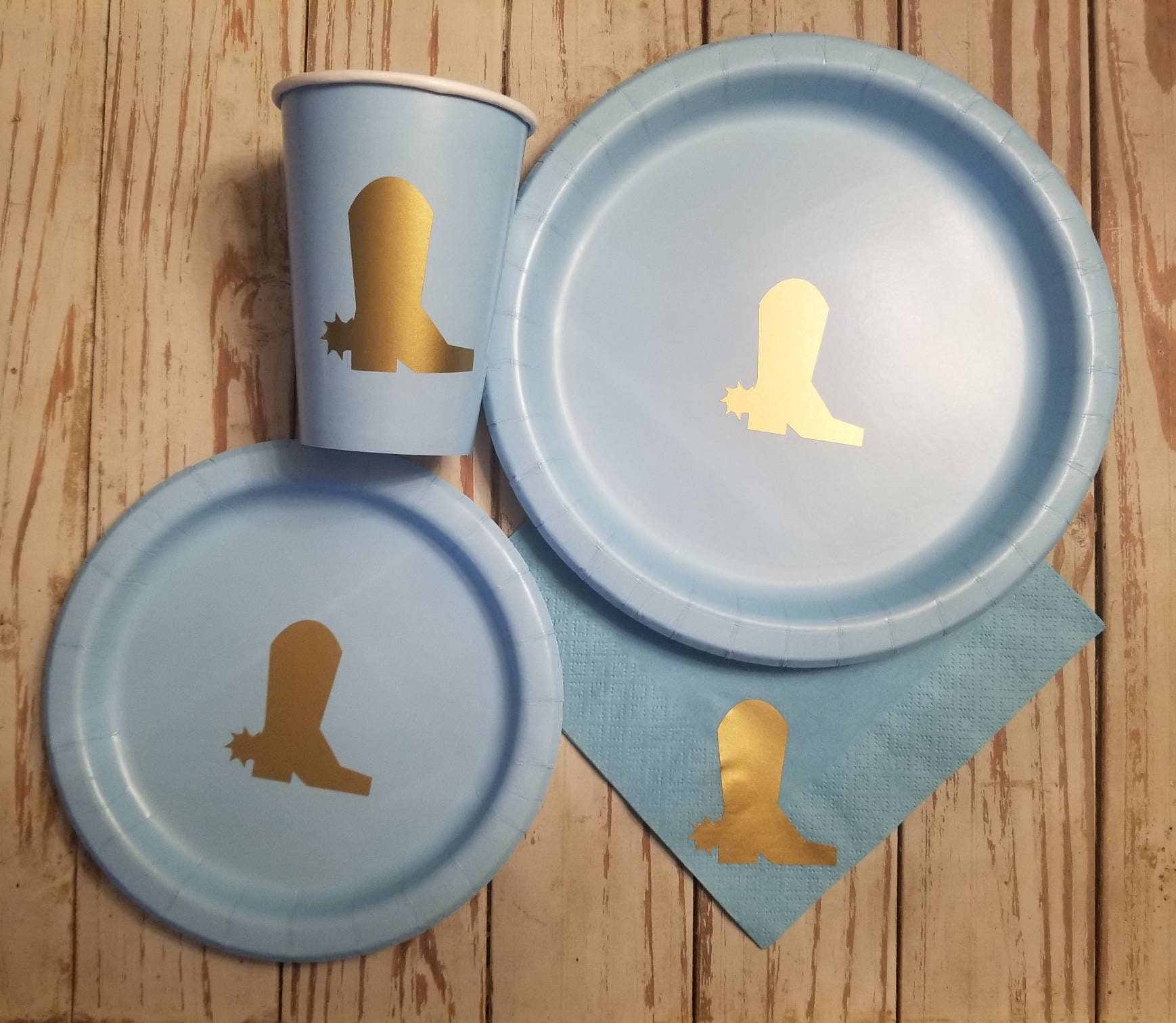 Cowboy light blue and gold plates, cups and napkins, cowboy baby shower, cowboy birthday party, first birthday plates, cups, cowboy napkins
