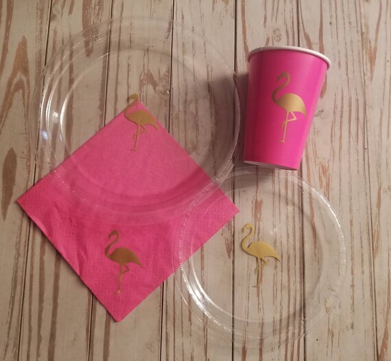 Flamingo pink and gold plates, cups and napkins, flamingo baby shower, flamingo party plates, flamingo birthday plates, cups and napkins,