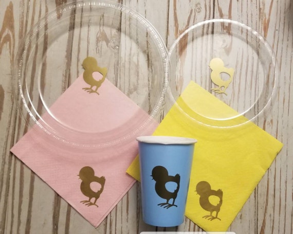 Chick plates, cups and napkins, farm party plates, farm birthday, chicken baby shower, farm baby shower, gender reveal party plates, cups