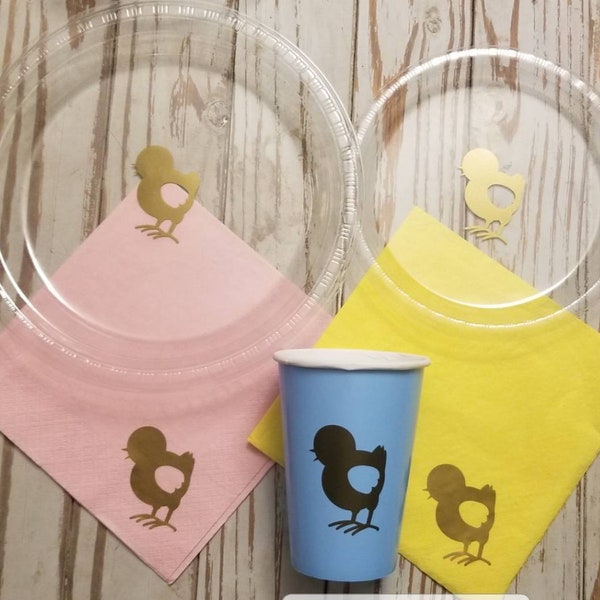 Chick plates, cups and napkins, farm party plates, farm birthday, chicken baby shower, farm baby shower, gender reveal party plates, cups