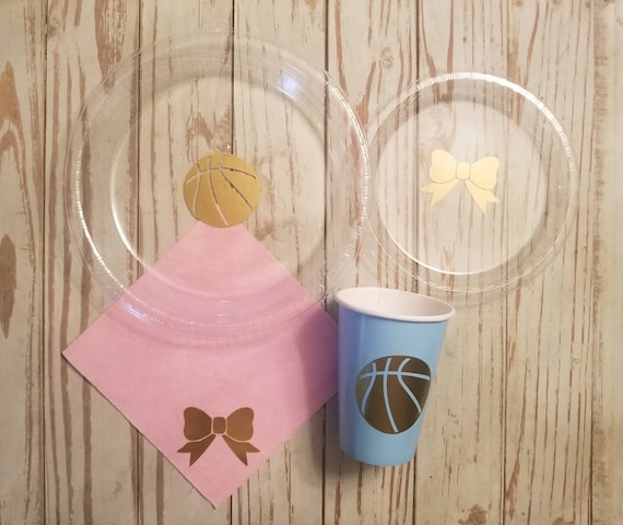 Free throws or bows gender reveal plates, cups and napkins, basketball or bows gender reveal party, basketball baby shower, gender reveal