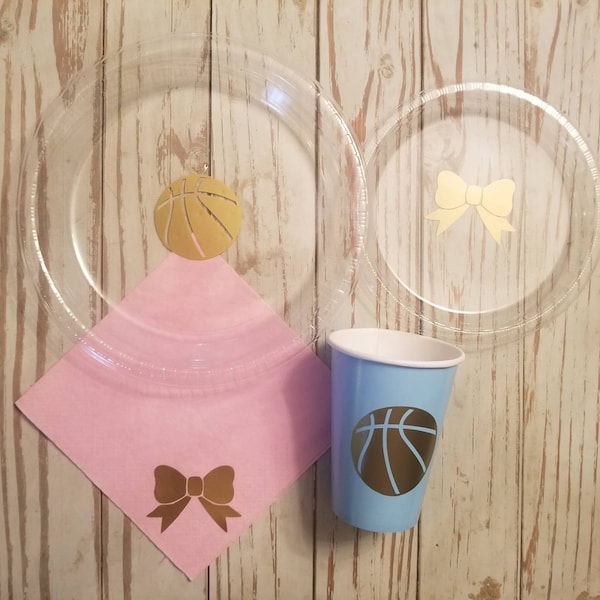 Free throws or bows gender reveal plates, cups and napkins, basketball or bows gender reveal party, basketball baby shower, gender reveal