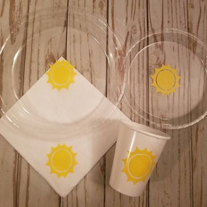 Sunshine plates, cups and napkins, sunshine baby shower plates, cups and napkins, spring baby shower, spring party plates, first birthday