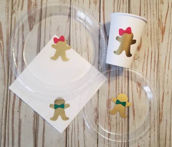 Gingerbread gender reveal plates, cups, napkins, gingerbread boy or girl, gingerbread plates, christmas baby shower, holiday gender reveal