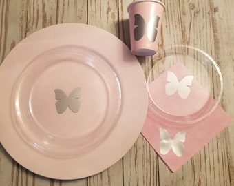 Butterfly party plates, cups and napkins, butterfly baby shower, first birthday party, pink and silver baby shower, baby shower cups, plates