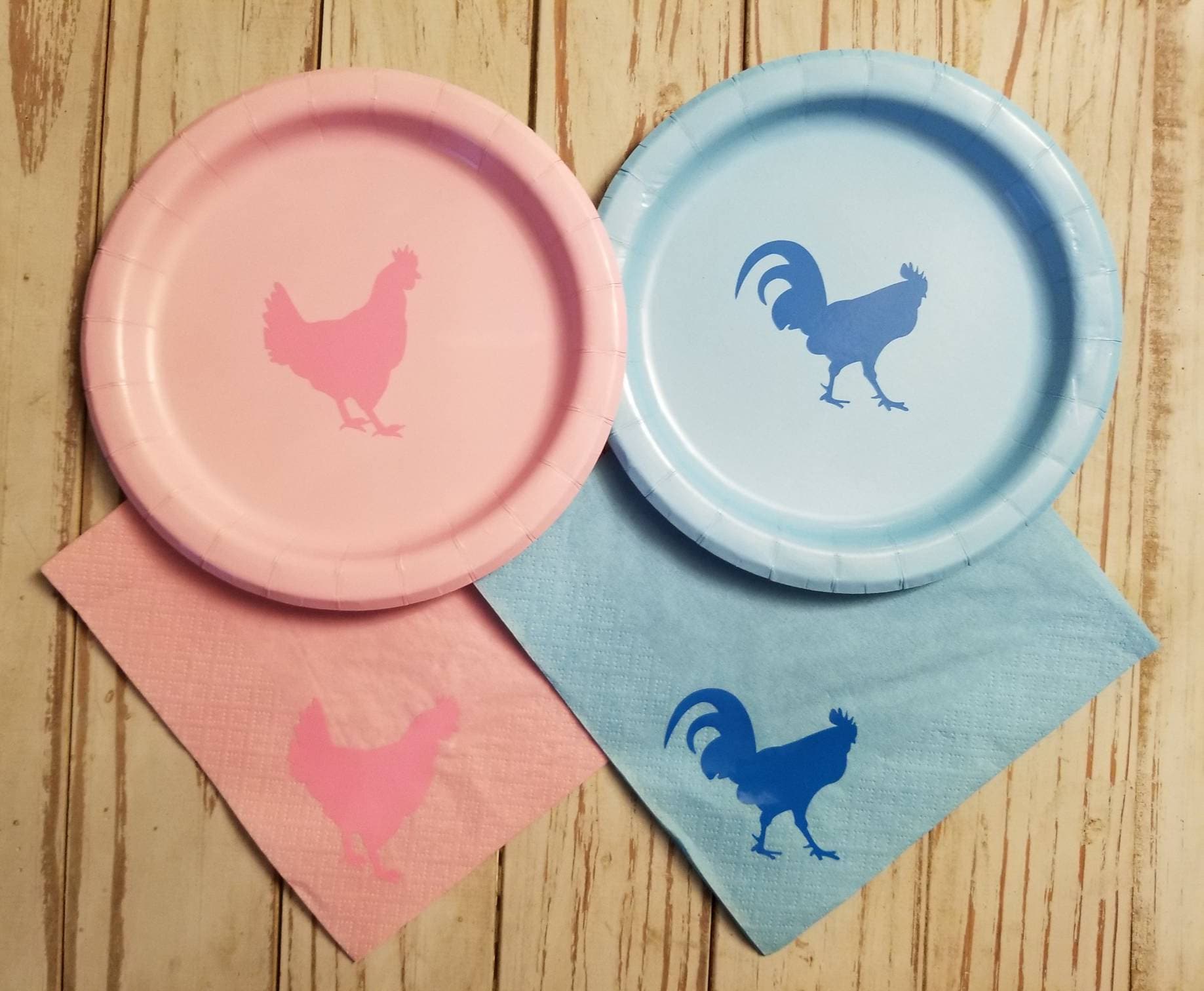 Hen or rooster gender reveal plates, cups, napkins, rooster baby shower