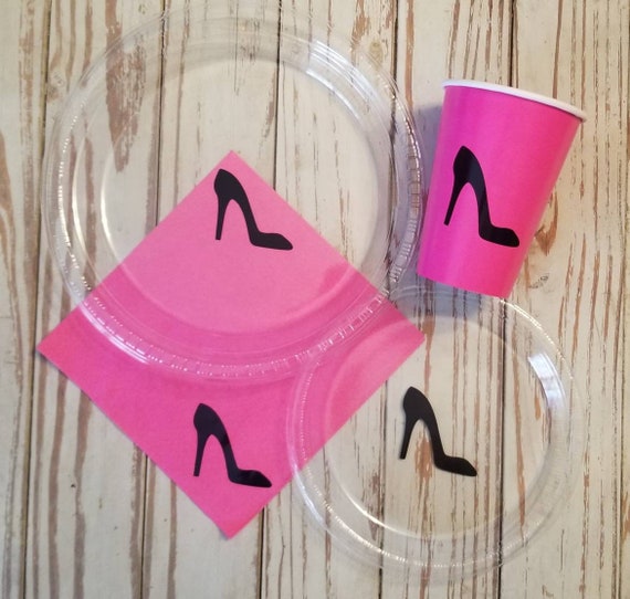 High heel plates, cups and napkins, bachelorette party plates, bridal shower plates, black high heel party, birthday plates, cups, napkins