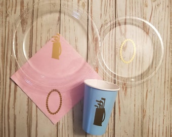 Pearls or putters plates, cups, napkins, pearls or putter gender reveal party, golf baby shower, pearl baby shower, gender reveal plates,