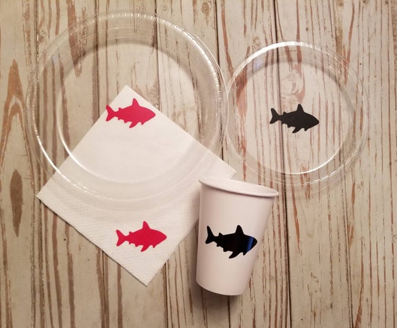 Shark plates, cups and napkins, shark party, shark birthday party, shark first birthday, shark baby shower, shark birthday plates, shark cup