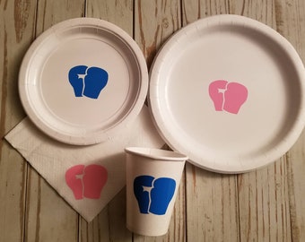 It's a knockout gender reveal, the fight is on gender reveal plates, cups, napkins, boxing gender reveal, little fighter baby shower, boy