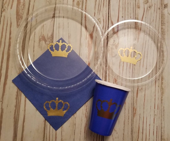 Royal prince blue and gold crown party plates, cups and napkins, prince baby shower, royal baby shower, crown prince party, royal prince,