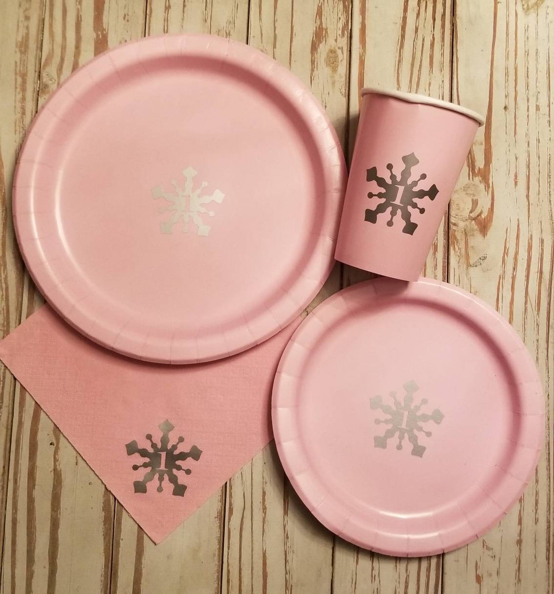 Snowflake Plates, Cups and Napkins, Pink and Silver, Winter Wonderland