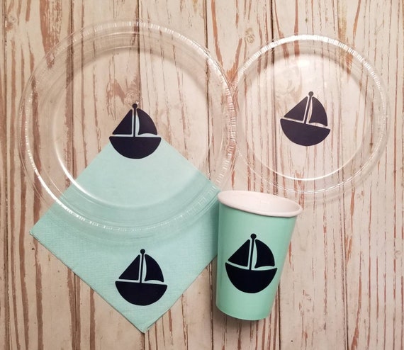 Sailboat plates, cups and napkins, boy baby shower plates, cups, napkins, boat plates, cups, napkins, sailboat baby shower, mint and navy