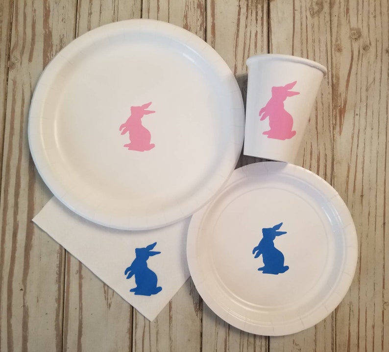 Bunny gender reveal plates cups and napkins bunny baby shower plates bunny first birthday party Easter gender reveal some