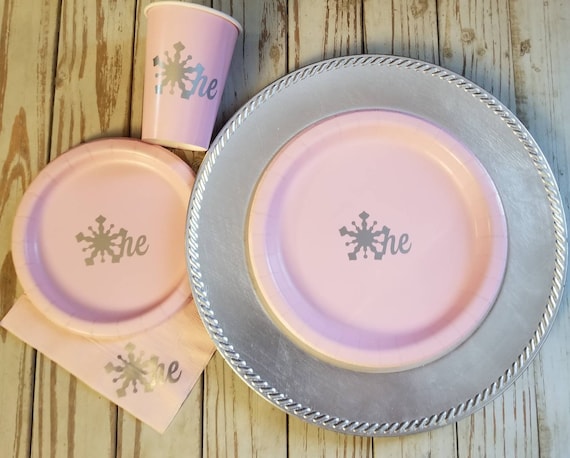 Winter wonderland first birthday pink and silver plates, cups and napkins, winter wonderland birthday party, pink and silver snowflake cups