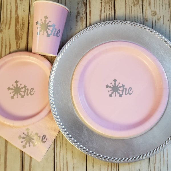 Winter wonderland first birthday pink and silver plates, cups and napkins, winter wonderland birthday party, pink and silver snowflake cups