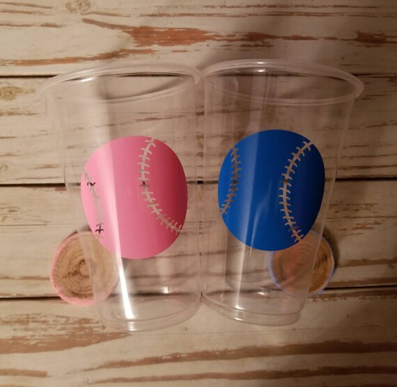 Baseball or softball gender reveal cups, baseball cups, softball cups, first birthday cups, baseball party, softball party, baseball or bows