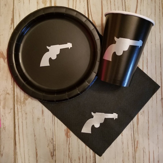 Pistol plates, cups, napkins,  cowboy party plates, western party plates, cowboy baby shower, boy baby shower plates, cups and napkins, bday