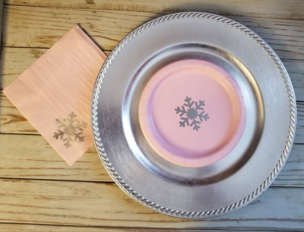 Pink and silver snowflake plates, cups and napkins, blue and silver