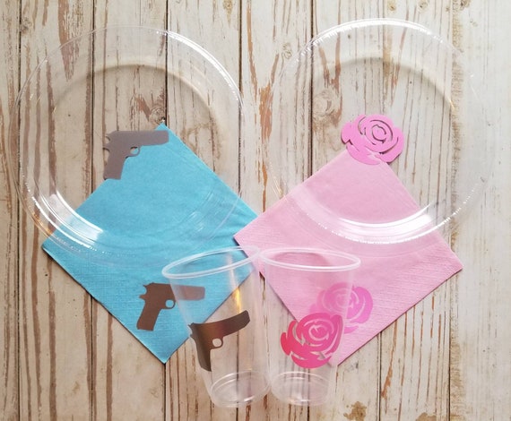 Rose or gun gender reveal plates, cups and napkins, gun or rose reveal party, gender reveal plates, cups, boy or girl, baby shower plates,