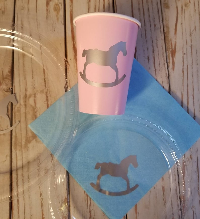 Assiettes de cheval à bascule, tasses et serviettes, baby shower de cheval, plaques révélatrices de sexe, tasses, serviettes, plaques de douche pour garçons, baby shower fille image 2