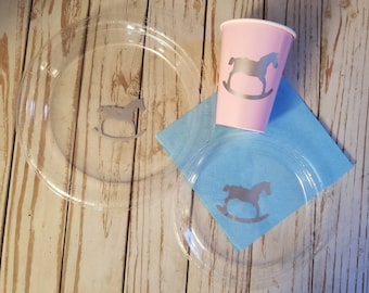 Rocking horse plates, cups and napkins, horse baby shower, gender reveal plates, cups, napkins, boy baby shower plates, girl baby shower