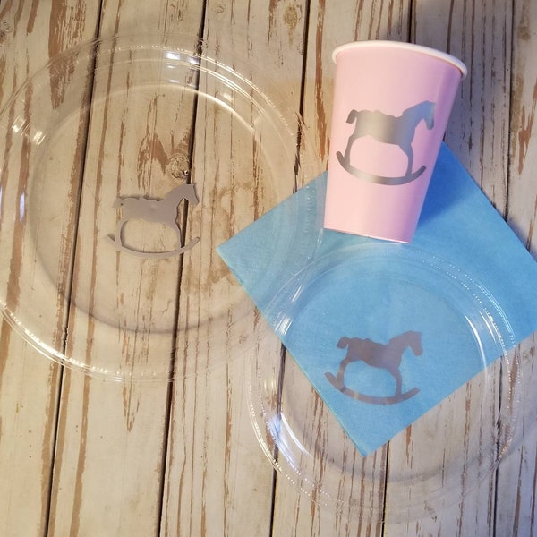 Rocking horse plates, cups and napkins, horse baby shower, gender reveal plates, cups, napkins, boy baby shower plates, girl baby shower