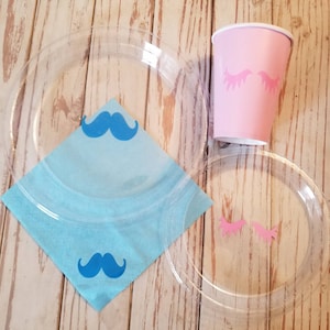 Lashes or stashes gender reveal plates, cups and napkins, lash or stash party, team boy, team girl, it&#39;s a boy, it&#39;s a girl, mustache cups,