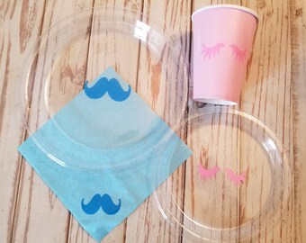 Assiettes, tasses et serviettes de table, fête des cils ou des caches, garçon de l'équipe, fille de l'équipe, c'est un garçon, c'est une fille, tasses à moustache,