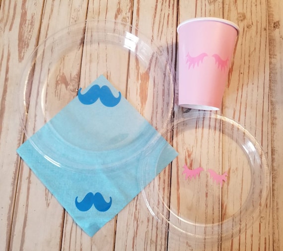 Lashes or stashes gender reveal plates, cups and napkins, lash or stash party, team boy, team girl, it's a boy, it's a girl, mustache cups,