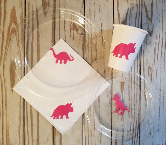 Girls dinosaur plates, cups and napkins, dinosaur birthday party, dinosaur treat cups, dinosaur first birthday, pink dinosaur, dinosaur deco