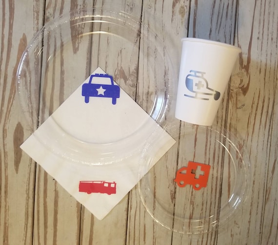 Rescue vehicle party plates, cups and napkins, emergency vehicle party cups, rescue vehicle birthday plates, cups and napkins, police party