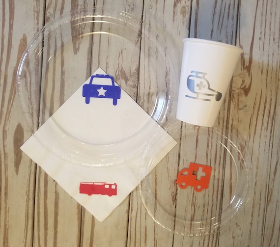 Rescue vehicle party plates, cups and napkins, emergency vehicle party cups, rescue vehicle birthday plates, cups and napkins, police party