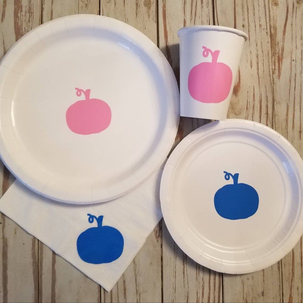 Pumpkin gender reveal plates, cups and napkins, pumpkin first birthday, fall gender reveal, harvest baby shower, pumpkin baby shower, party