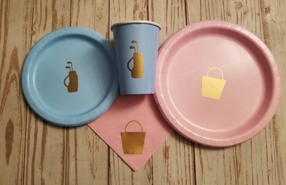 Bags or tags gender reveal plates, cups and napkins, golf bag or shopping tags reveal party, gender reveal tableware, boy or girl, shopping