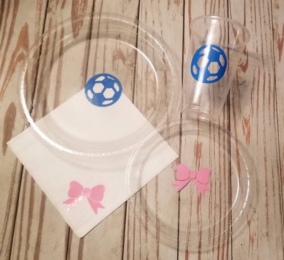 Soccer balls or pink bows gender reveal plates, cups and napkins,  goals or bows gender reveal, baby shower plates, cups,  napkins, soccer