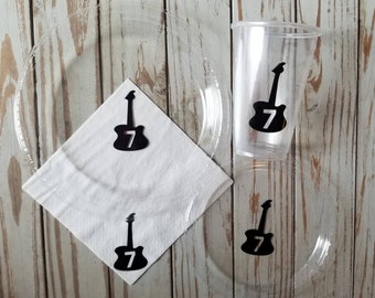 Guitar plates cups and napkins, rock and roll first birthday, guitar first birthday, music first birthday,  music party, guitar party,