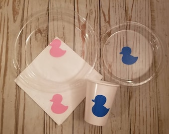 Duck baby shower plates, cups and napkins, duck gender reveal plates, cups, napkins, rubber duck shower plates, duck party, Easter reveal