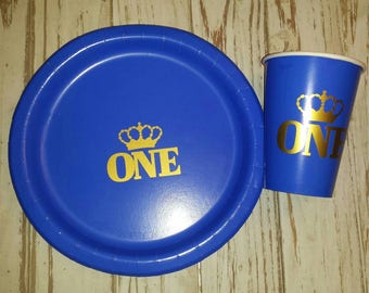 Assiettes royal prince bleu et or, tasses, serviettes, assiettes d’anniversaire royal, tasses, premier anniversaire royal, premier anniversaire prince, fête royale