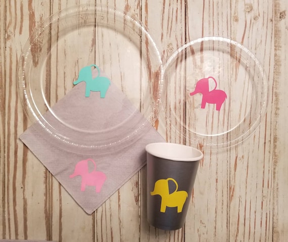 Elephant baby shower plates, cups and napkins, elephant plates, elephant party, elephant birthday, mint and gray, gray and pink, twin shower